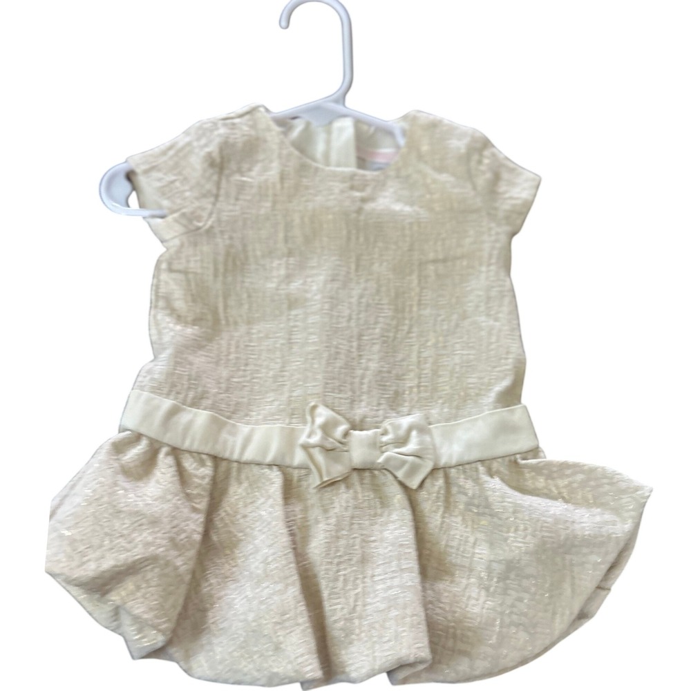 Baby Girl Cream Metallic Shimmer Special Occasion Dress with Bow Waistband